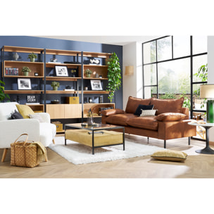 Canapé 3 places en cuir aspect vieilli marron cognac et métal noir DORY