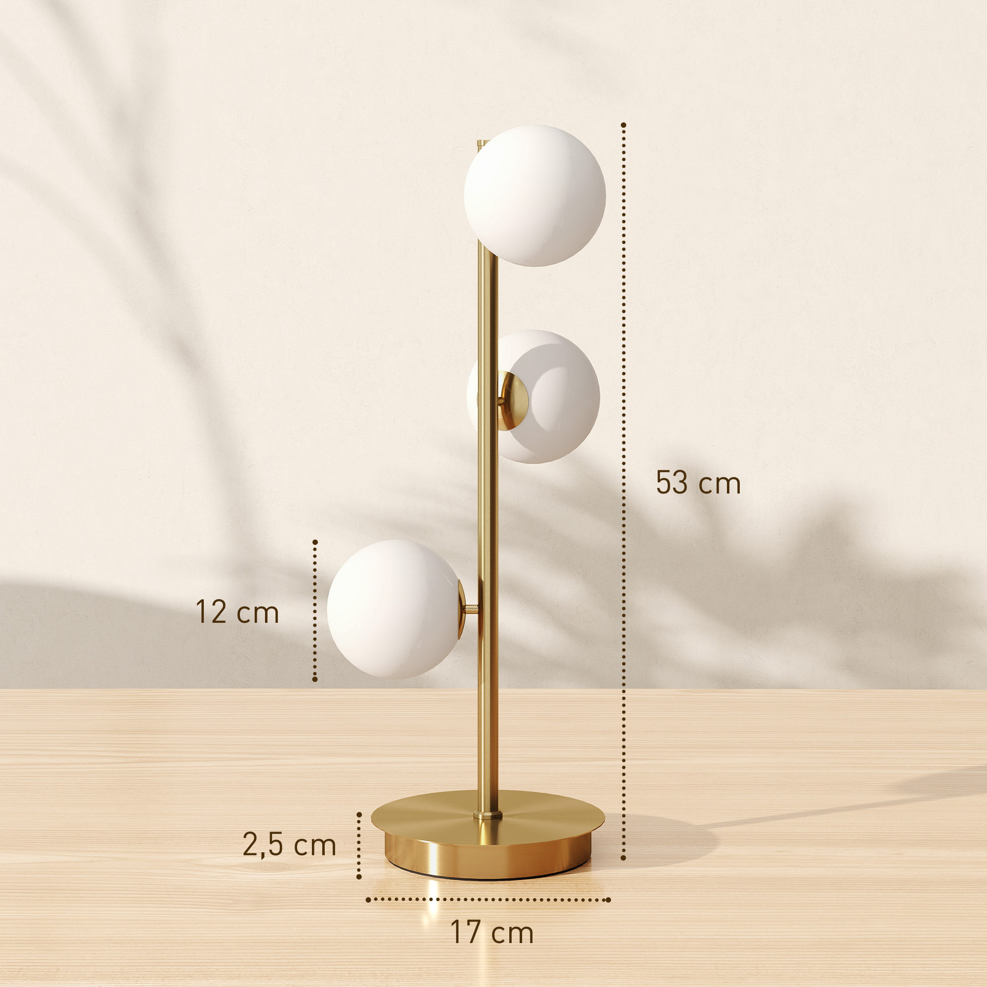 Lampadaire style néo-rétro métal effet laiton 3 abat-jours globe verre dépoli blanc