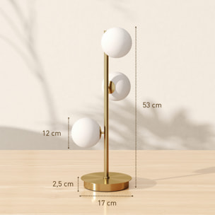 Lampadaire style néo-rétro métal effet laiton 3 abat-jours globe verre dépoli blanc