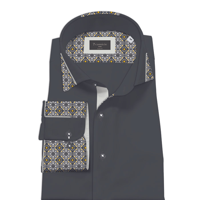 Camicia Uomo Italiano Slim Satin Unito Grigio Scuro