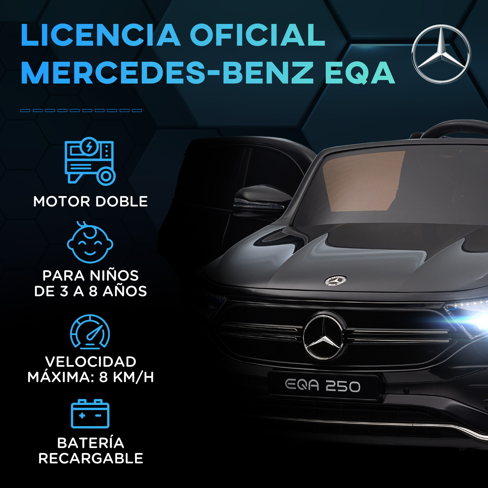 Coche Eléctrico para Niños Mercedes-Benz EQA Coche de Batería 12V con Control Remoto Música Bocina Velocidad 3-8 km/h para Niños de 3-8 Años 111,5x69x52,5 cm Negro