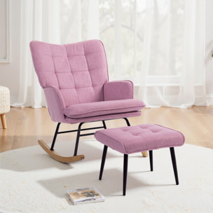 Silla Mecedora con Reposapiés, Sillón de Relax, con Cojín Acolchado, Respaldo Alto, Reposabrazos y Patas de Madera, Carga 130 kg, para Salón, Dormitorio, Rosa