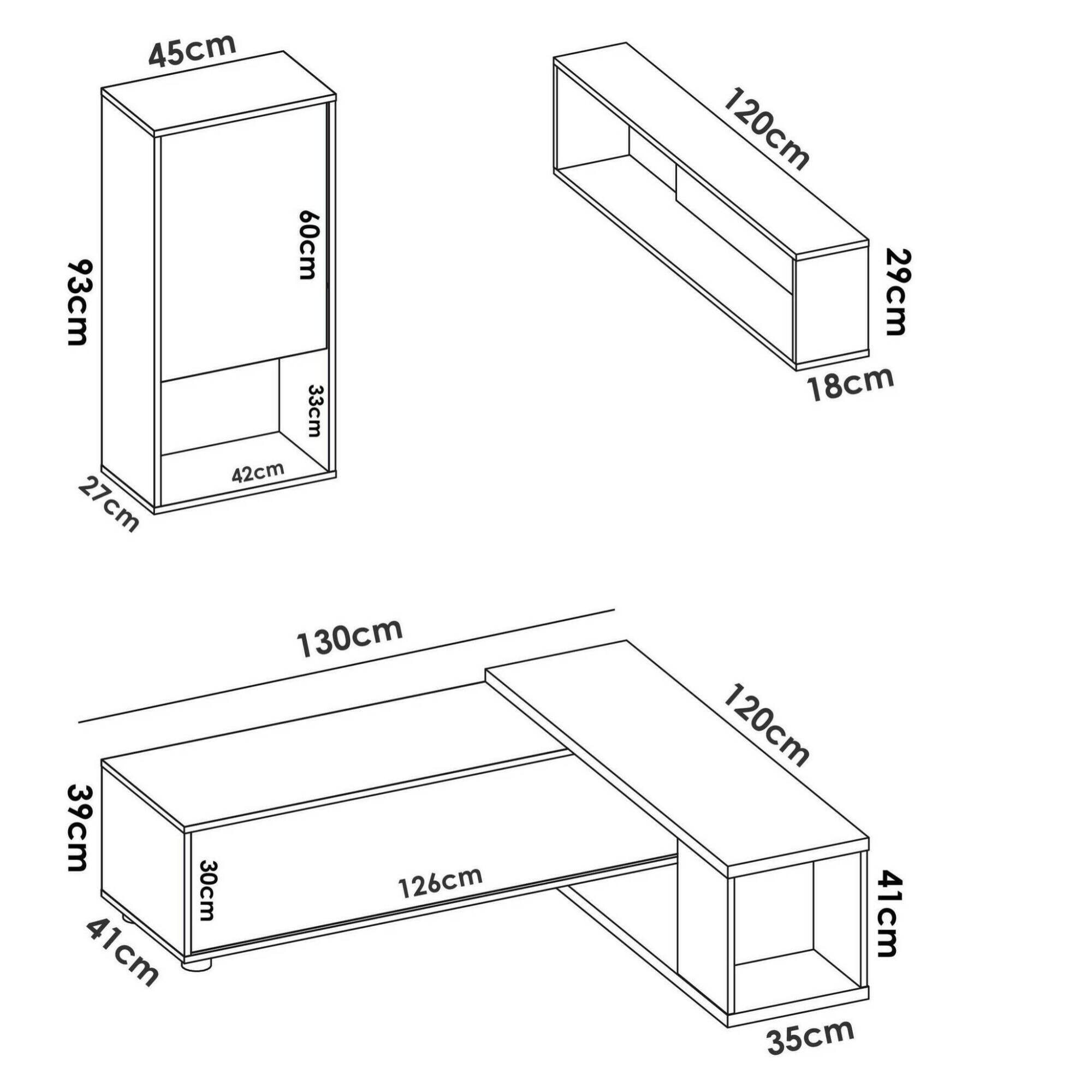 Parete attrezzata Denali, Set da soggiorno modulare ad angolo, Mobile salotto multiposizione, 230x41h180 cm, Bianco e Rovere