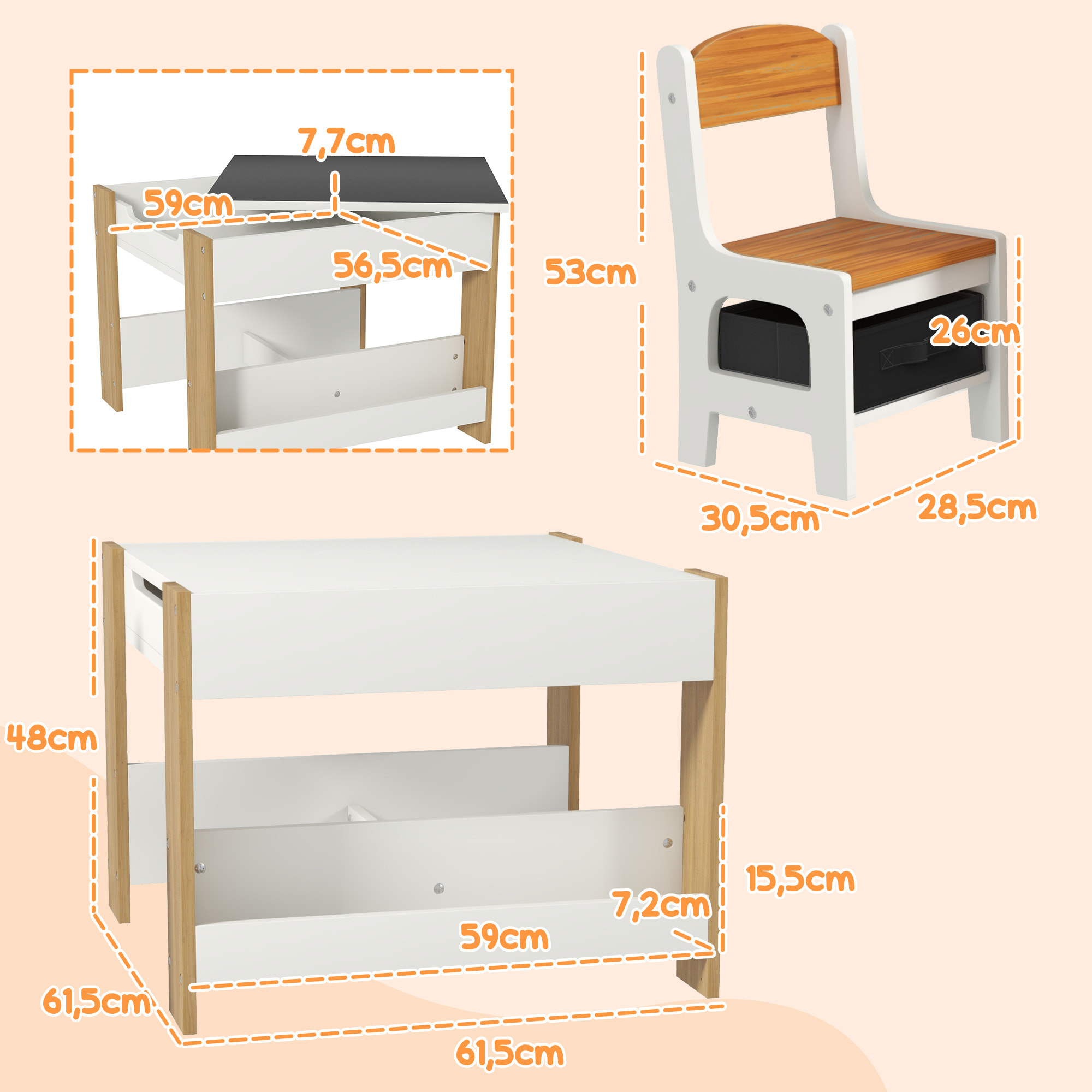 Ensemble 3 pièces table 2 chaises enfant - plateau table réversible tableau noir - rangement - étagères
