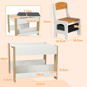 Ensemble 3 pièces table 2 chaises enfant - plateau table réversible tableau noir - rangement - étagères