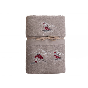 Set Asciugamano Ospite in Spugna 100% Cotone Fantasia Tirolese Natalizia Disegno Ski Tortora