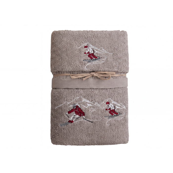 Set Asciugamano Ospite in Spugna 100% Cotone Fantasia Tirolese Natalizia Disegno Ski Tortora