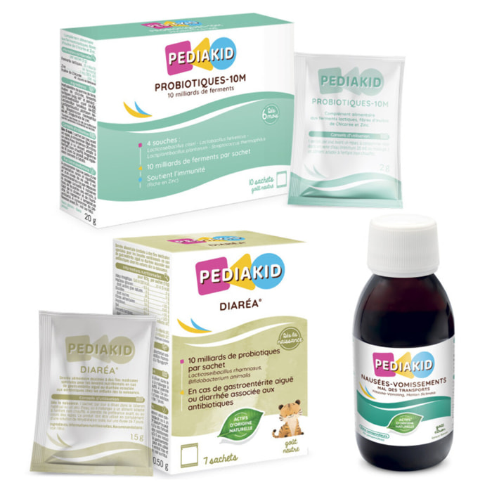 PEDIAKID - Box Désordres Intestinaux - Sirop-Nausées Vomissements Mal des transports, Diarea, Probiotiques-10M - Aide à soulager les troubles gastriques, nausées, vomissements - Dès 6 mois