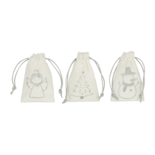 J-Line Sac Noel Mix Velours Blanc/Argent Extra Small Assortiment De 3