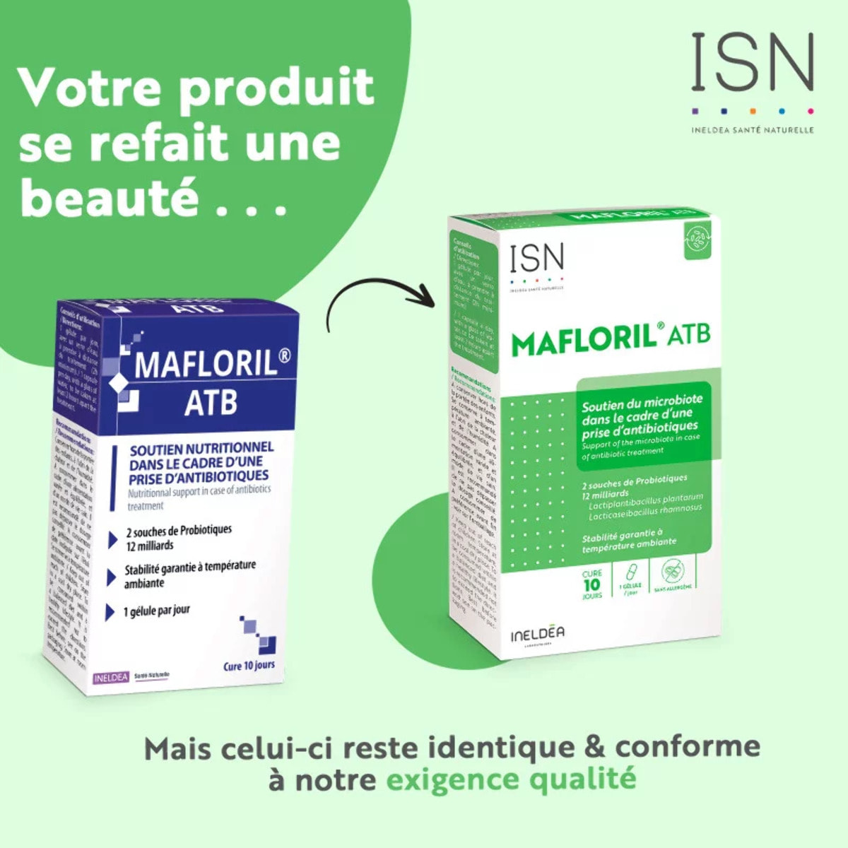 ISN - Mafloril® ATB - Complément alimentaire - 2 souches spécifiques de probiotiques - Soutien nutritionnel en cas de prise d'antibiotiques - Sans Gluten - Cure 10 jours