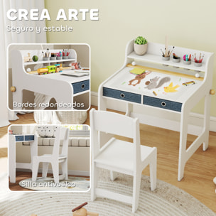 Escritorio Infantil con Silla, Pupitre Infantil con 2 Cajones Extraíbles, Estante y Portavasos, para Estudiar, Leer y Dibujar, Mesa para Niños para Dormitorio, Sala Estudio, Blanco