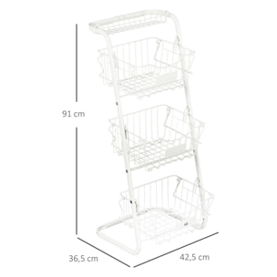 HOMCOM Cesta de Frutas y Verduras de 3 Niveles Organizador de Cestas Apilables de Acero con 3 Cestas Extraíbles para Cocina Salón Dormitorio 42,5x36,5x91 cm Blanco