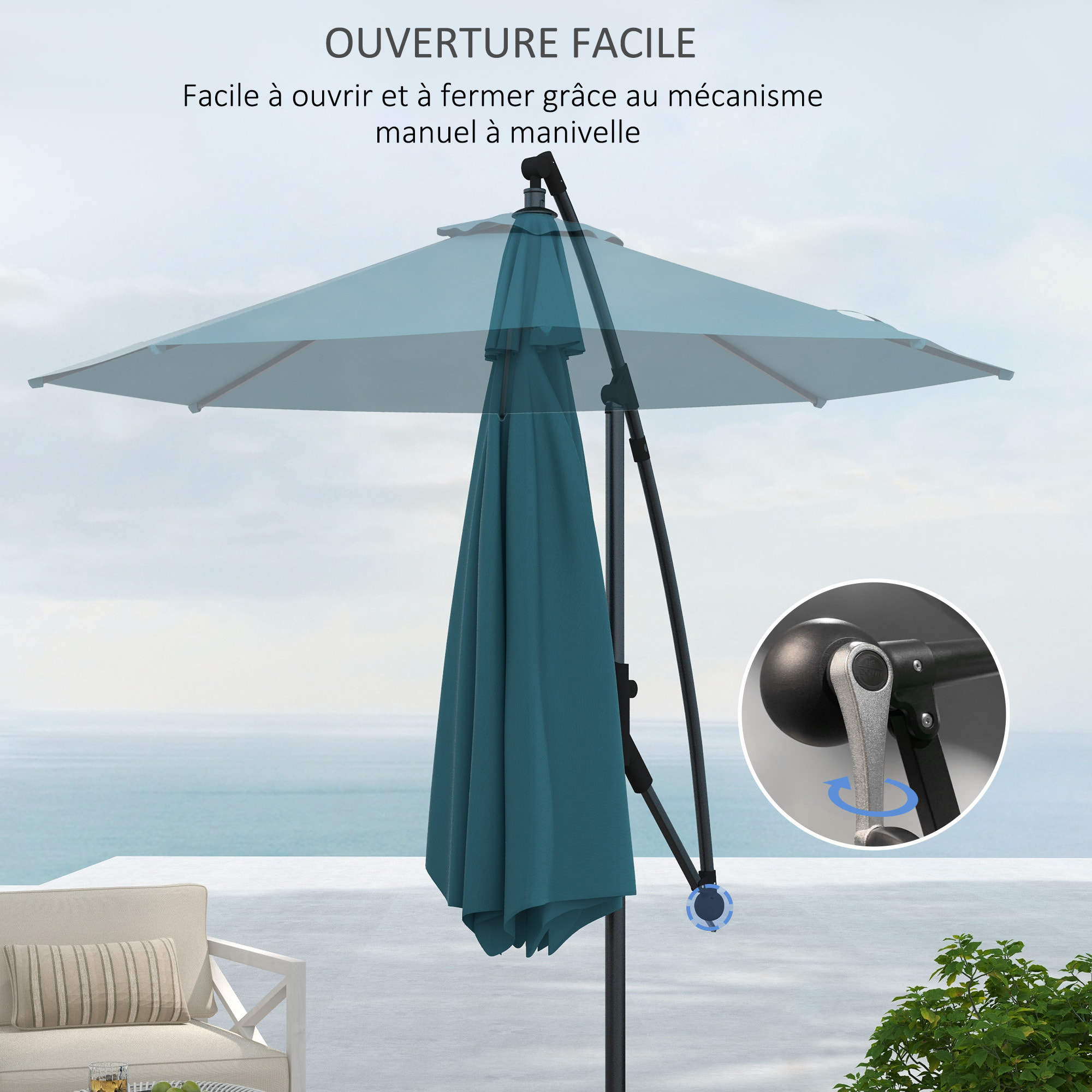 Parasol déporté octogonal inclinable Ø 2,93 x 2,60 m avec pied métal époxy alu bleu canard