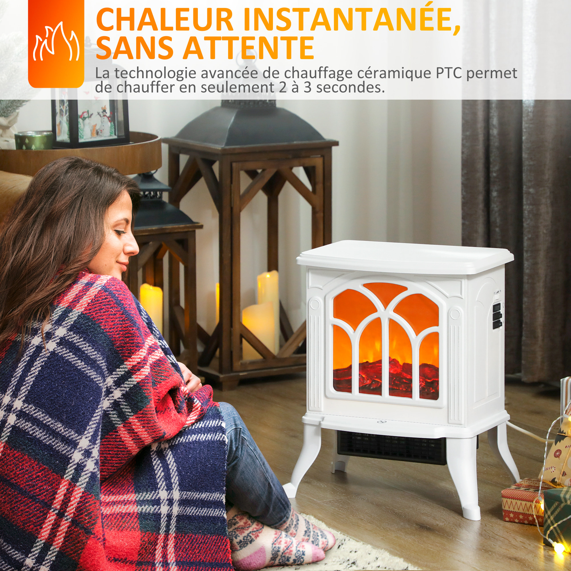 Cheminée électrique poêle style rétro thermostat 750-1500 W blanc