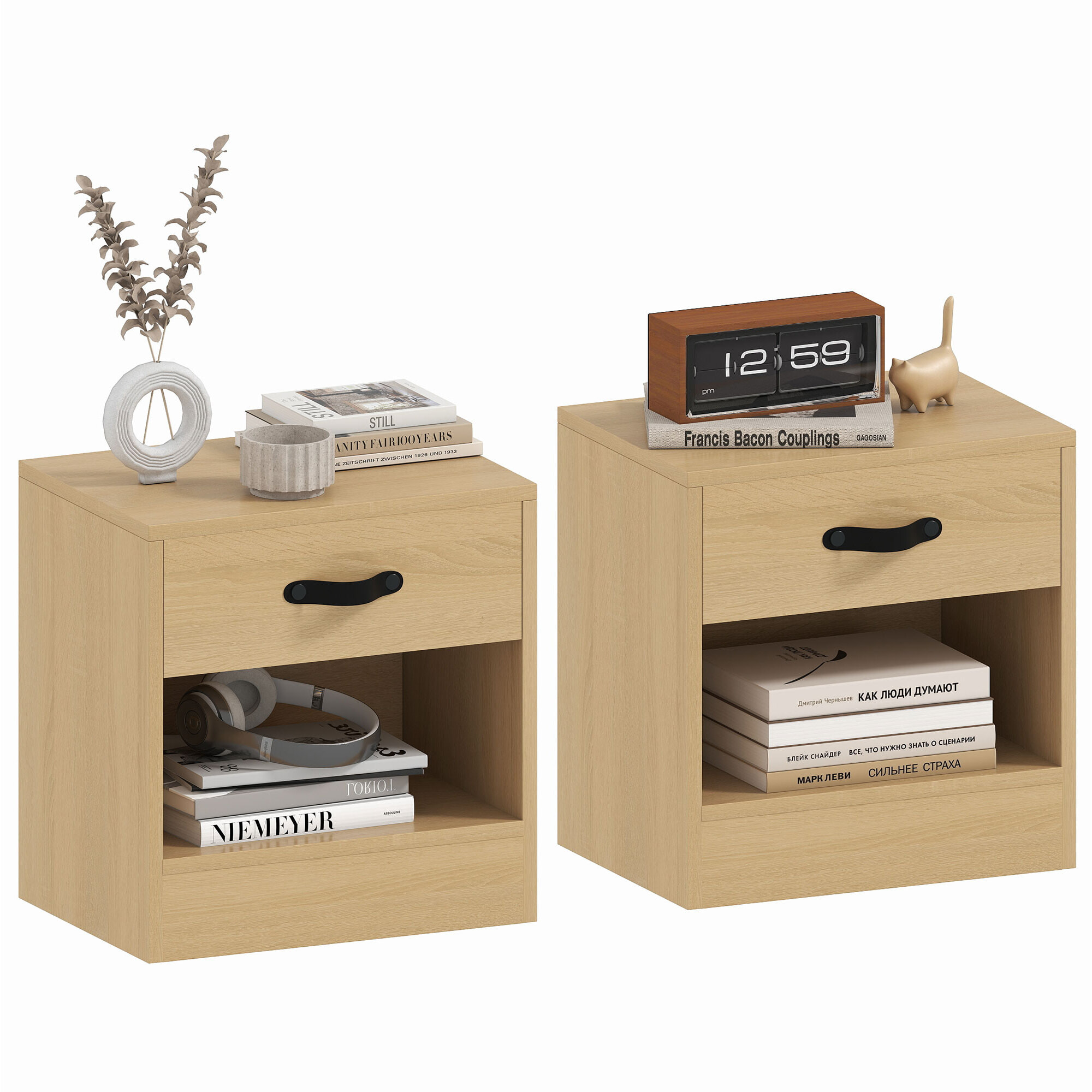 Pack de 2 Mesitas de Noche Mesillas de Noche Dormitorio Estrechas con Cajón y Compartimento Abierto para Salón 39x28x41 cm Natural