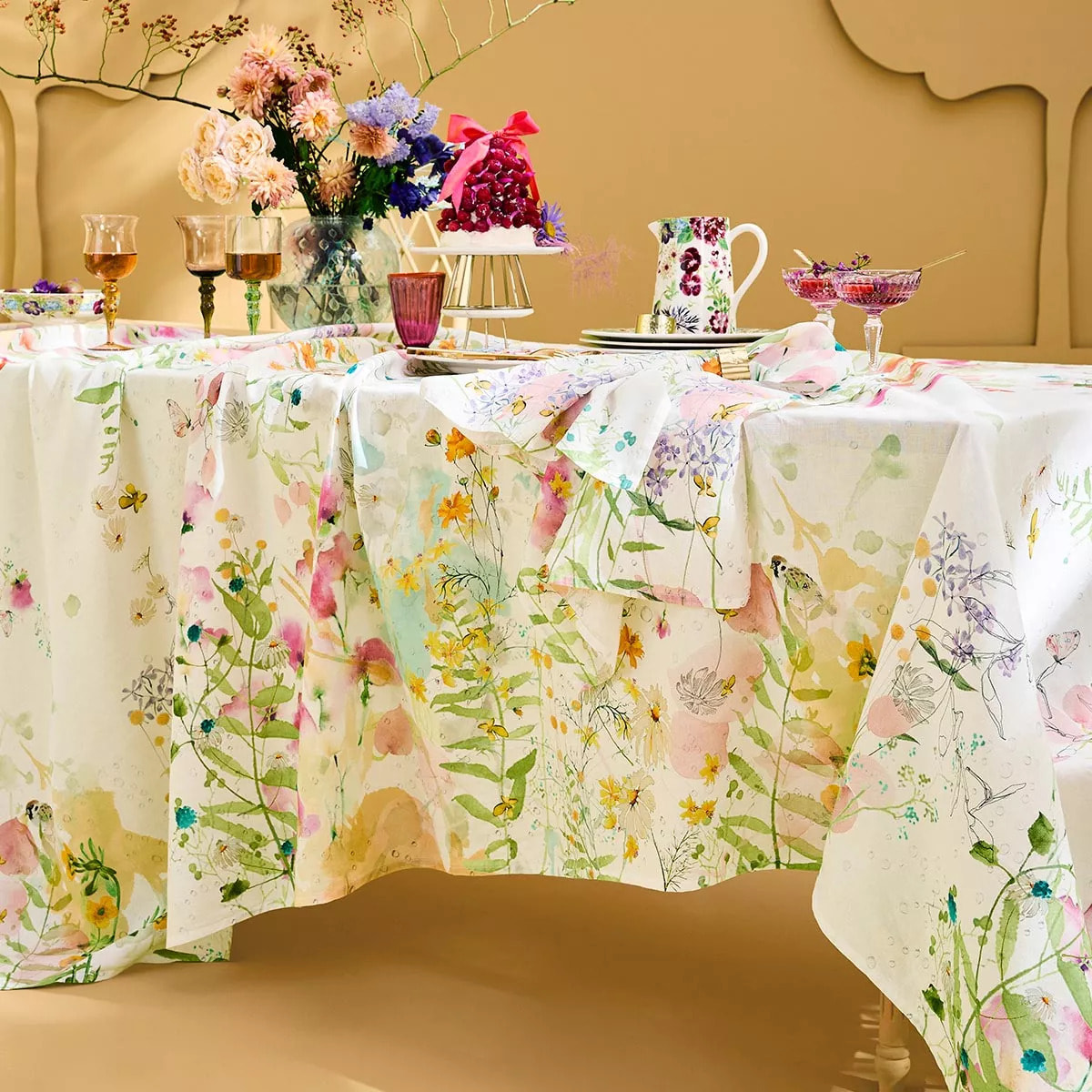 Nappe lin & coton lavé 150 g/m² imprimé rose vert Rosee du matin printemps