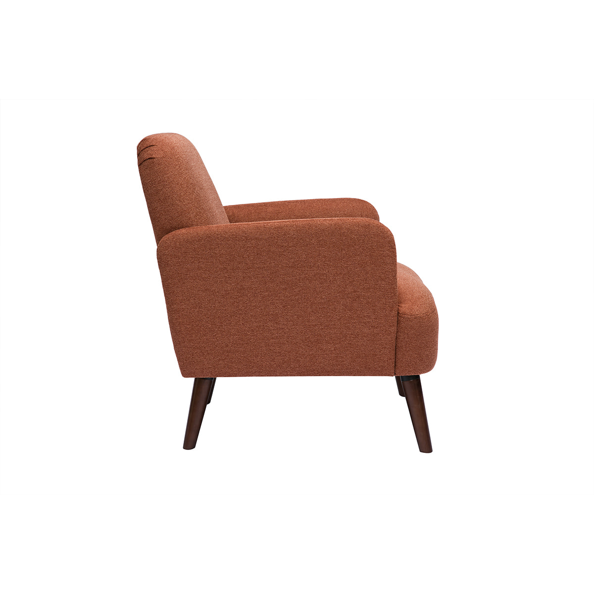 Fauteuil scandinave en tissu effet velours texturé terre brûlée et bois foncé ISKO