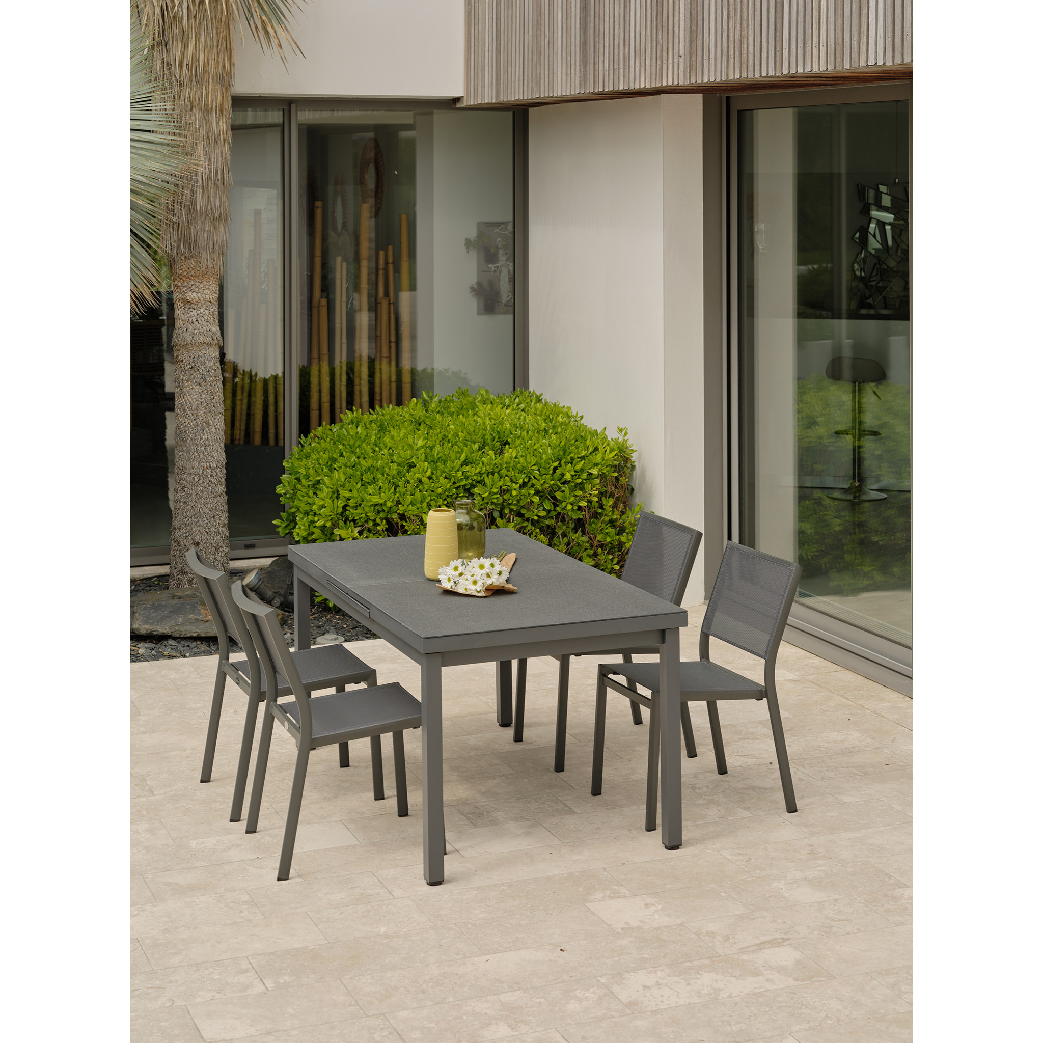 DANIA - Ensemble repas de jardin 4 places en aluminium gris anthracite