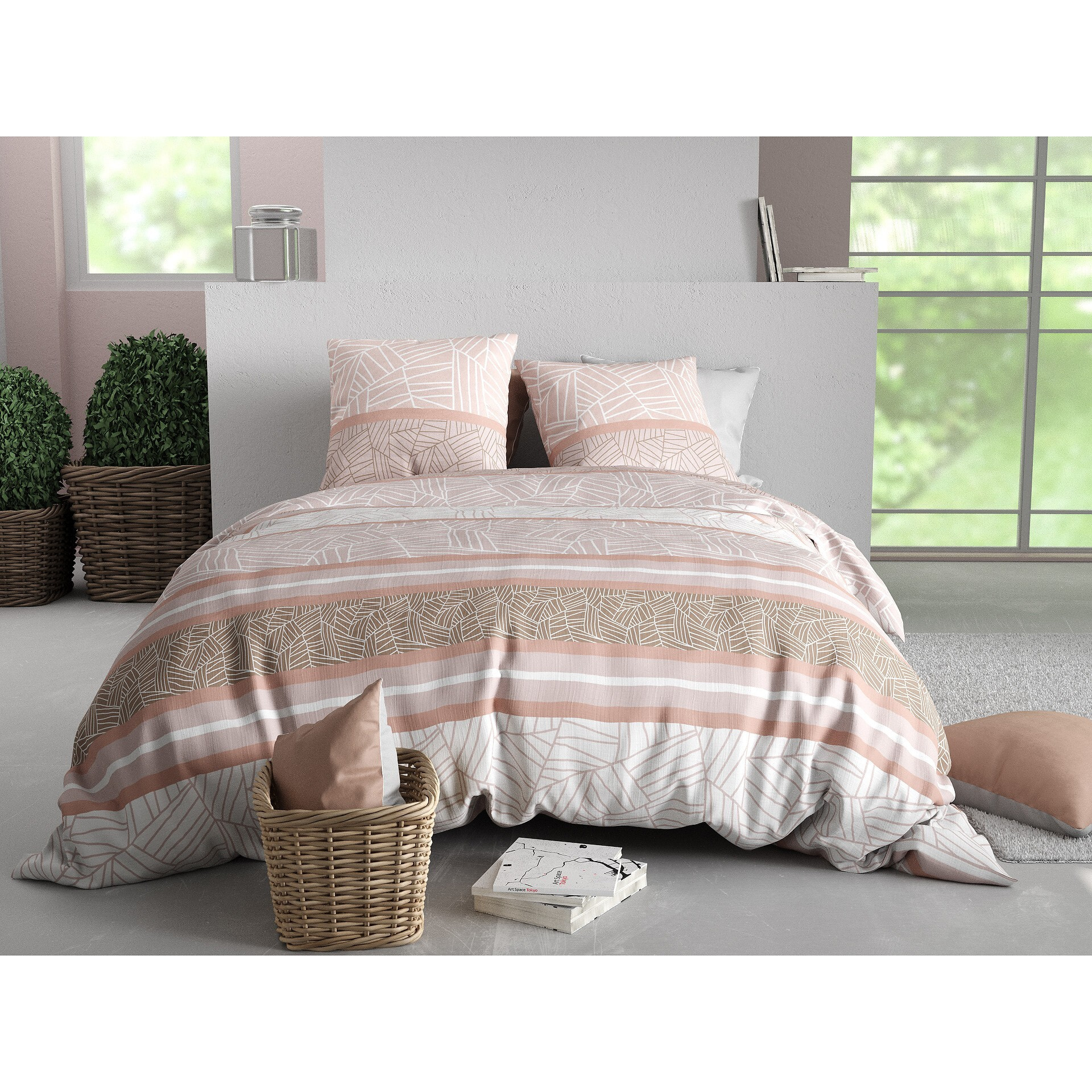 Parure housse de couette imprimée 220x240cm + 2 Taies 100% coton 57fils TRINE