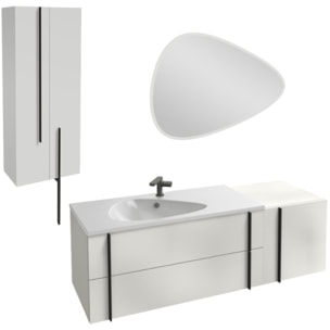 Meuble vasque 145 cm Nouvelle Vague blanc brillant + tiroir rack + colonne 2 portes + miroir