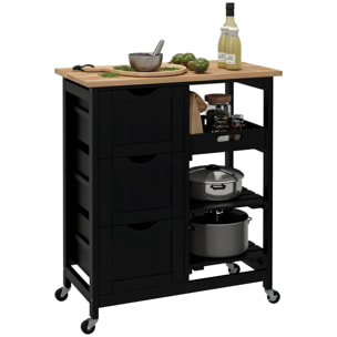 Carro de Cocina, Carrito Auxiliar con Ruedas, Tablero de Madera, 3 Cajones, 2 Estantes Abiertos y Bandeja Extraíble, para Comedor Salón, 67x37x85,5 cm, Negro