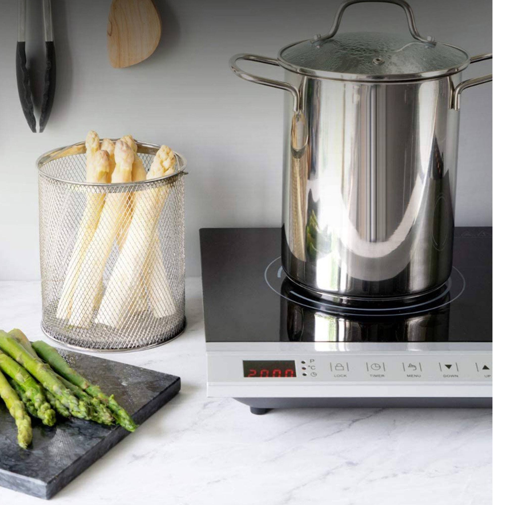 cacerola de espárragos en acero inoxidable ø16x21cm de fondo encapsulado y tapa de cristal