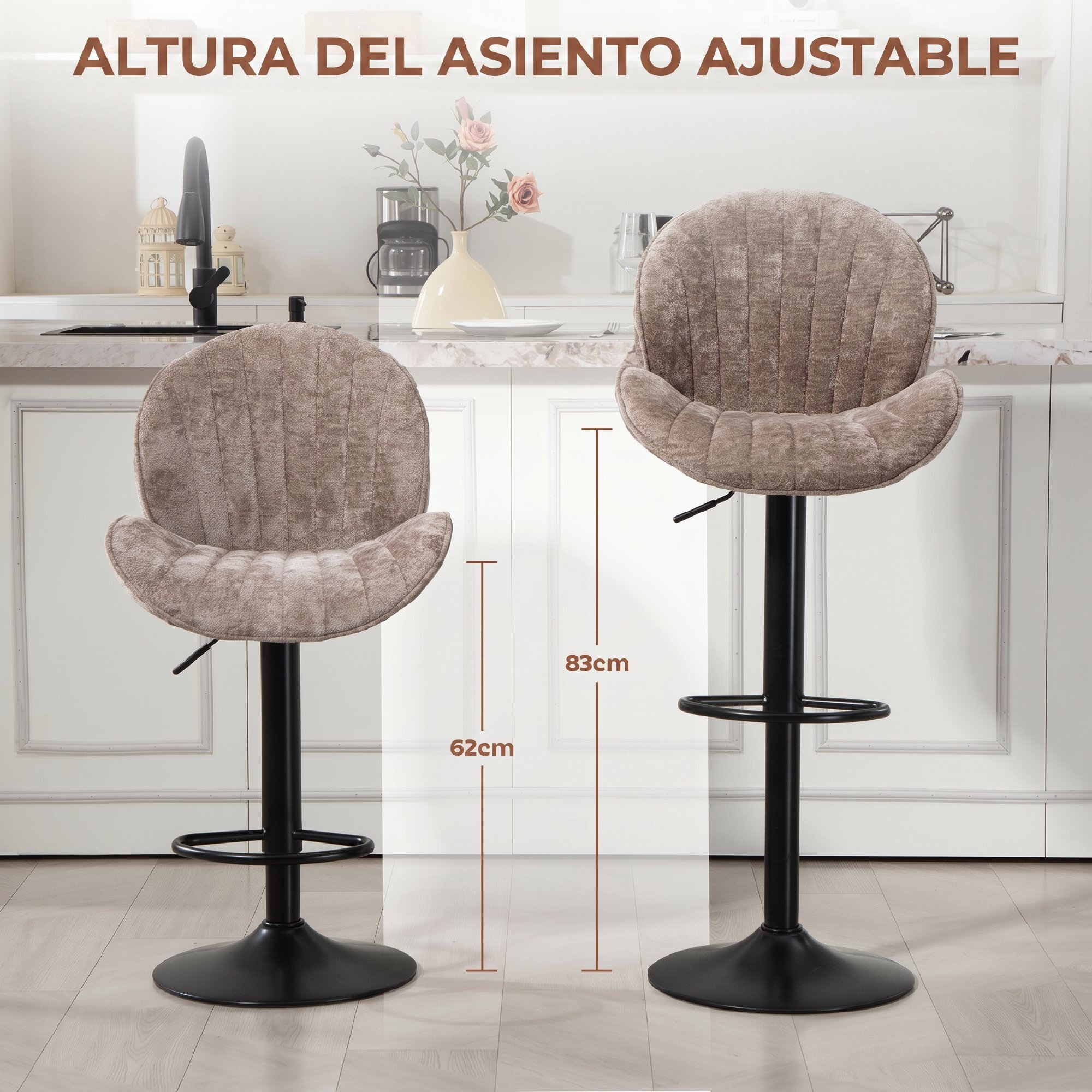 HOMCOM Juego de 2 Taburetes de Bar Giratorios, Taburetes Altos de Cocina con Altura Ajustable 62-83 cm, Sillas Altas de Cocina, Tapizada en Chenilla, Respaldo y Reposapiés, Marco de Acero, Marrón Moca