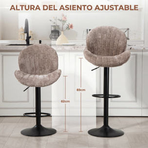 HOMCOM Juego de 2 Taburetes de Bar Giratorios, Taburetes Altos de Cocina con Altura Ajustable 62-83 cm, Sillas Altas de Cocina, Tapizada en Chenilla, Respaldo y Reposapiés, Marco de Acero, Marrón Moca