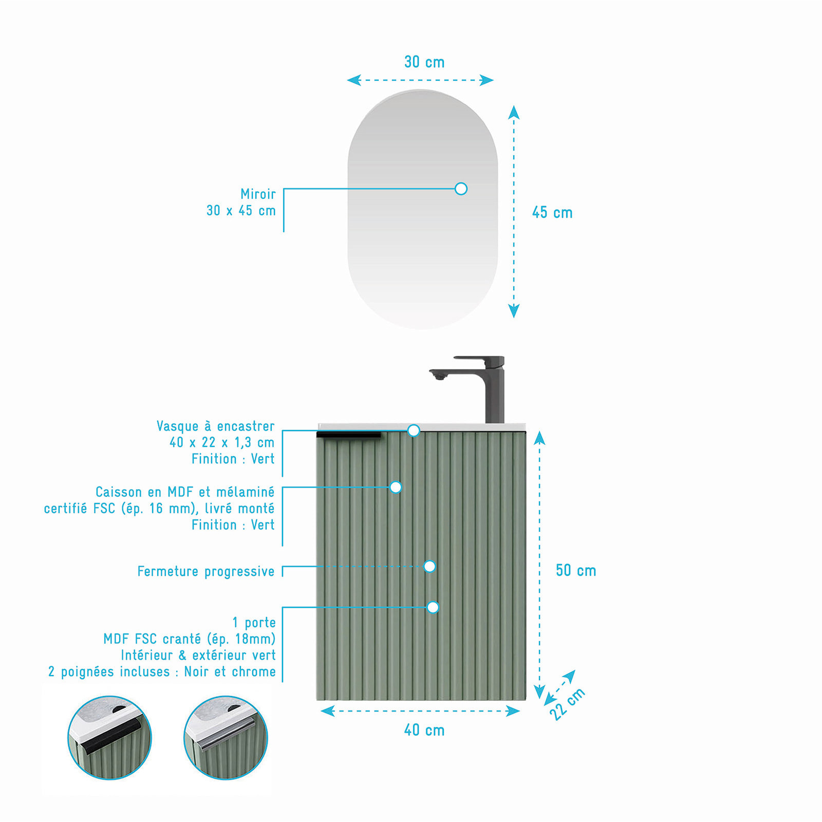 Ensemble meuble lave mains MDF ondulé vert 40x50x22cm et miroir ovale - MILO