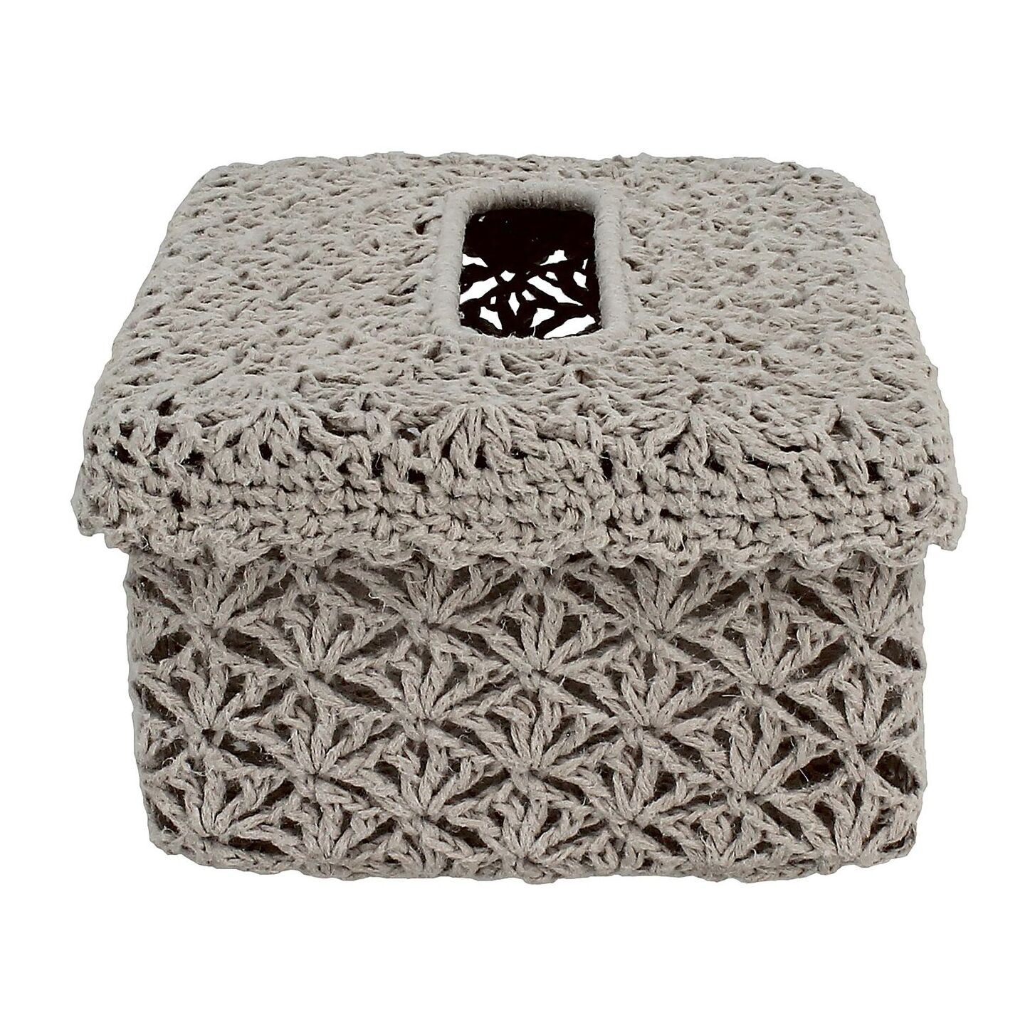 BOITE A MOUCHOIRS RIGIDE TISSE MAIN AU CROCHET MASTIC 26X16X9CM LEA