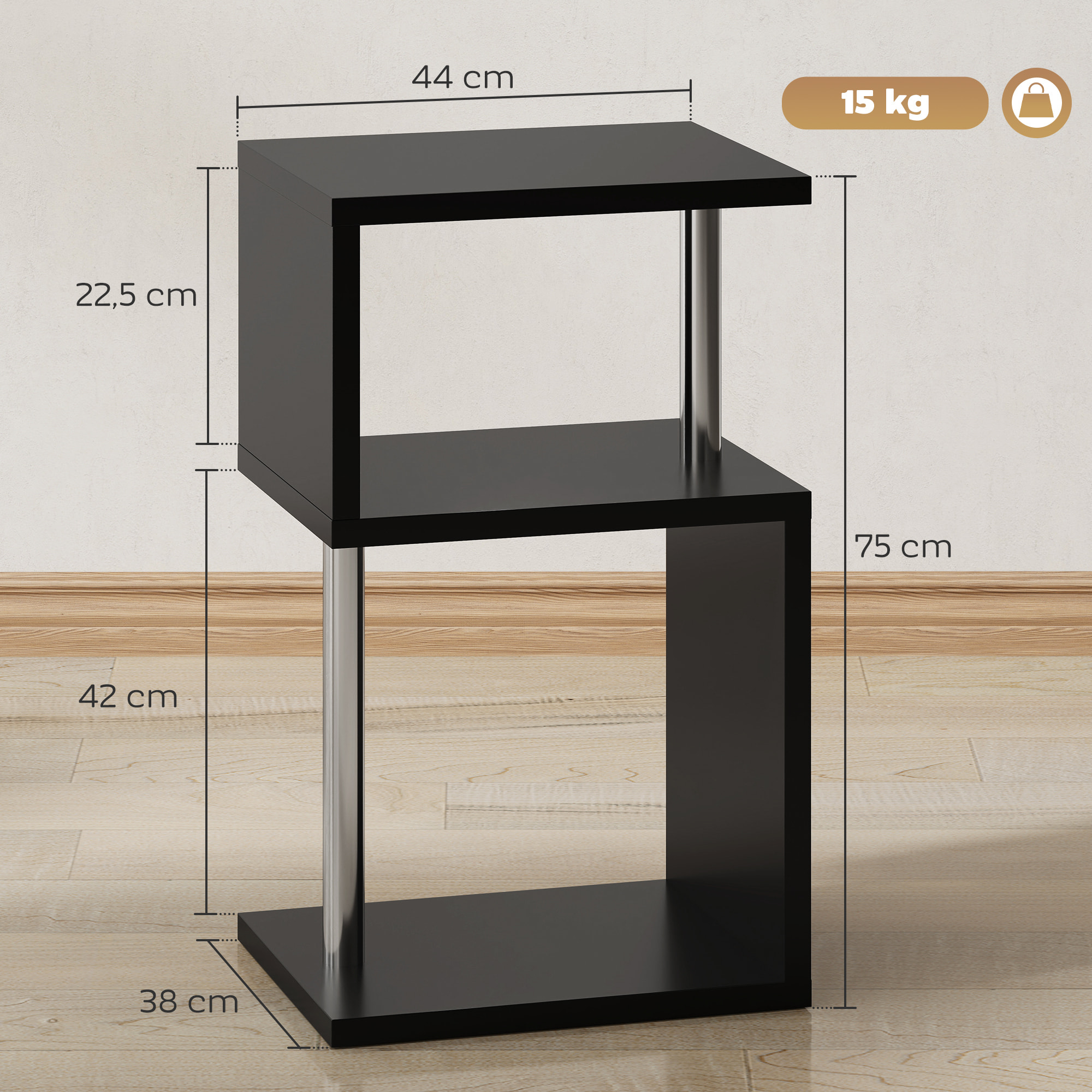 Mesa Auxiliar con Luz LED de 3 Niveles Mesita Auxiliar Moderno con Forma de S Estantes Abiertos y Estructura de Aluminio para Salón Dormitorio 44x38x75 cm Negro Brillo