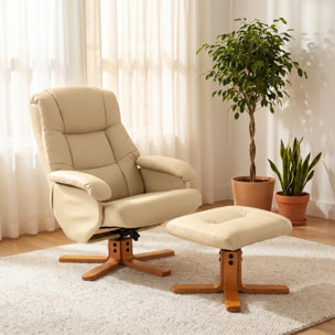 Fauteuil relax inclinable pivotant avec repose-pied piètement bois clair synthétique beige