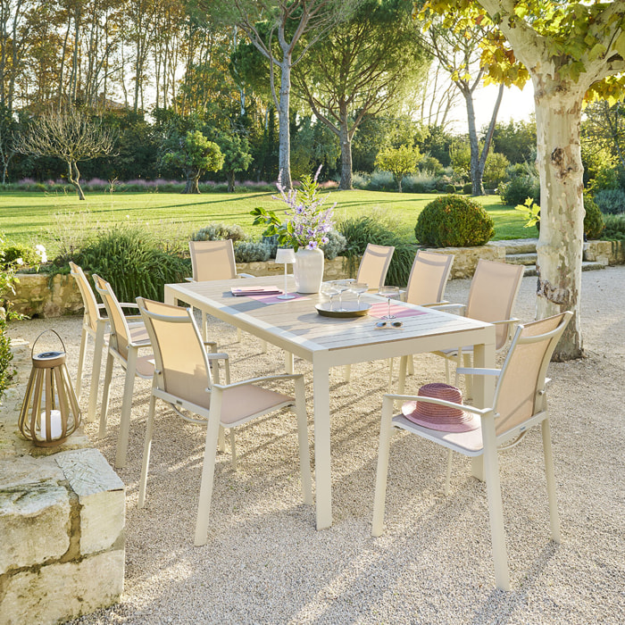 Table de jardin "Évasion" effet bois lin & argile 8 places lates en aluminium