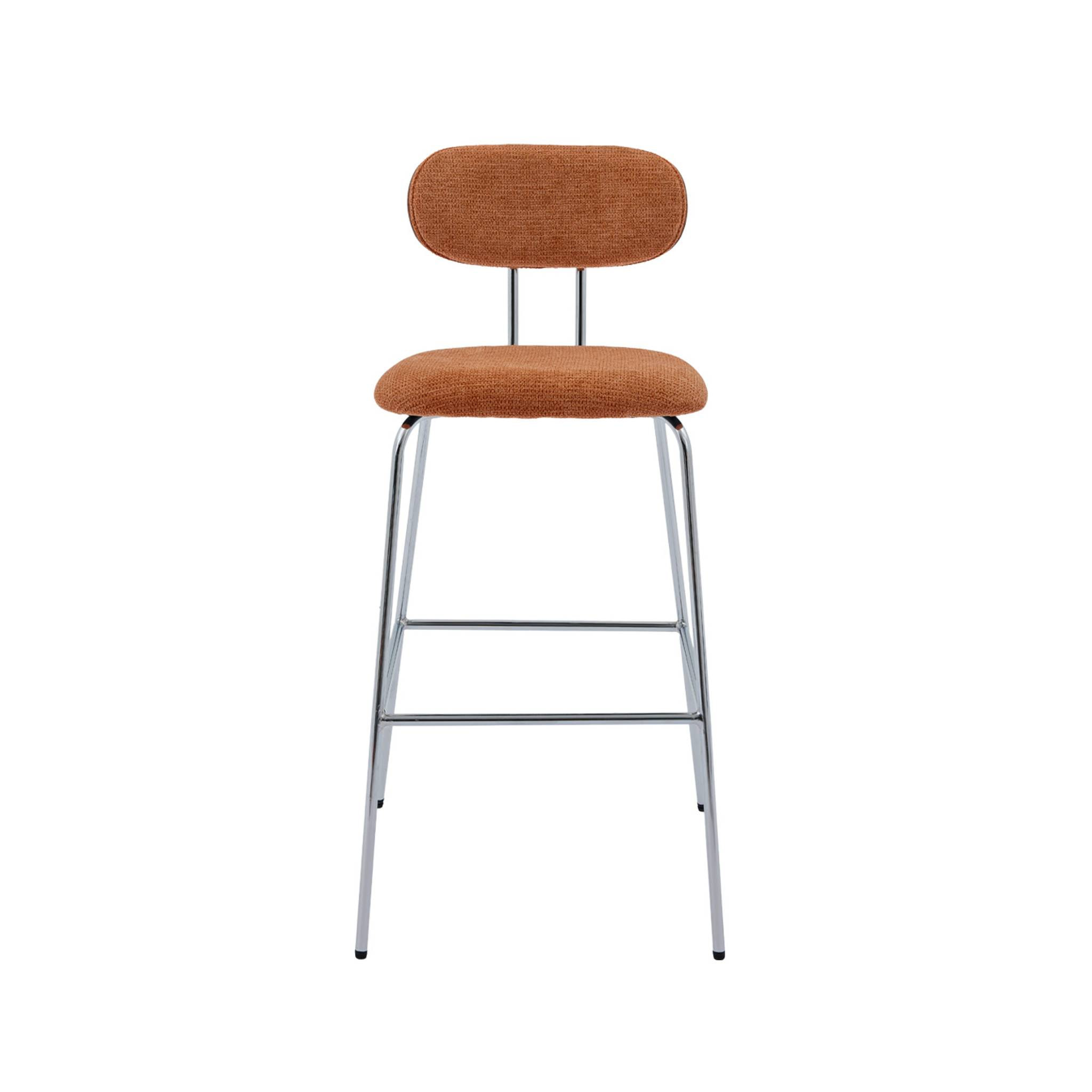2 tabourets de bar décor bois courbé teinté noyer et tissu déperlant terracotta. pieds métal chromé - L 44 x P 51 x H 103cm - Erin