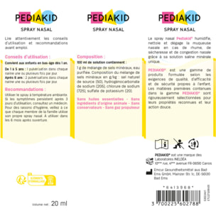 PEDIAKID - Spray Nasal - Solution saline naturelle - Décongestionne, Nettoie et Humidifie le Nez - Dès 1 an - Sans gaz propulseur - 20ml - Lot de 2