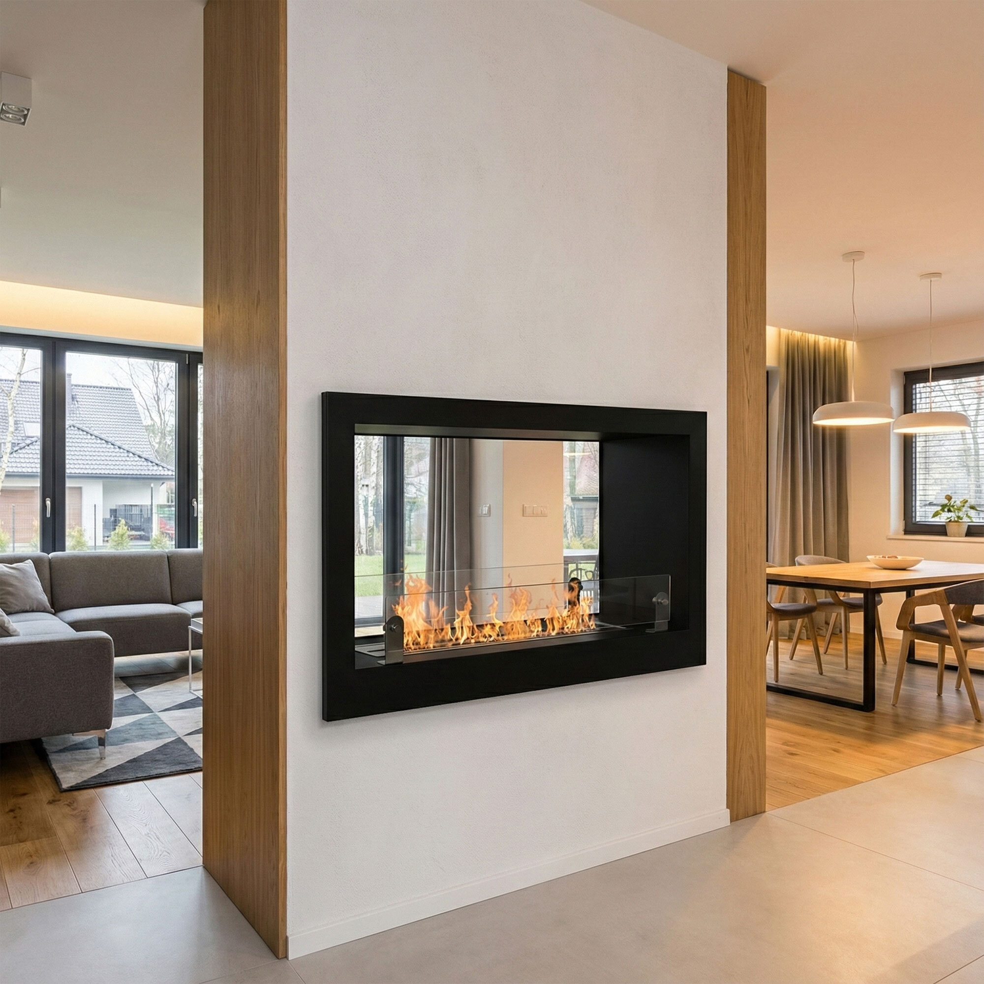 Massenzio - Camino a Bioetanolo da Incasso Bifacciale 90x55x30 cm con Bruciatore 2,3 Litri Nero