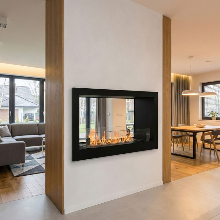 Massenzio - Camino a Bioetanolo da Incasso Bifacciale 90x55x30 cm con Bruciatore 2,3 Litri Nero