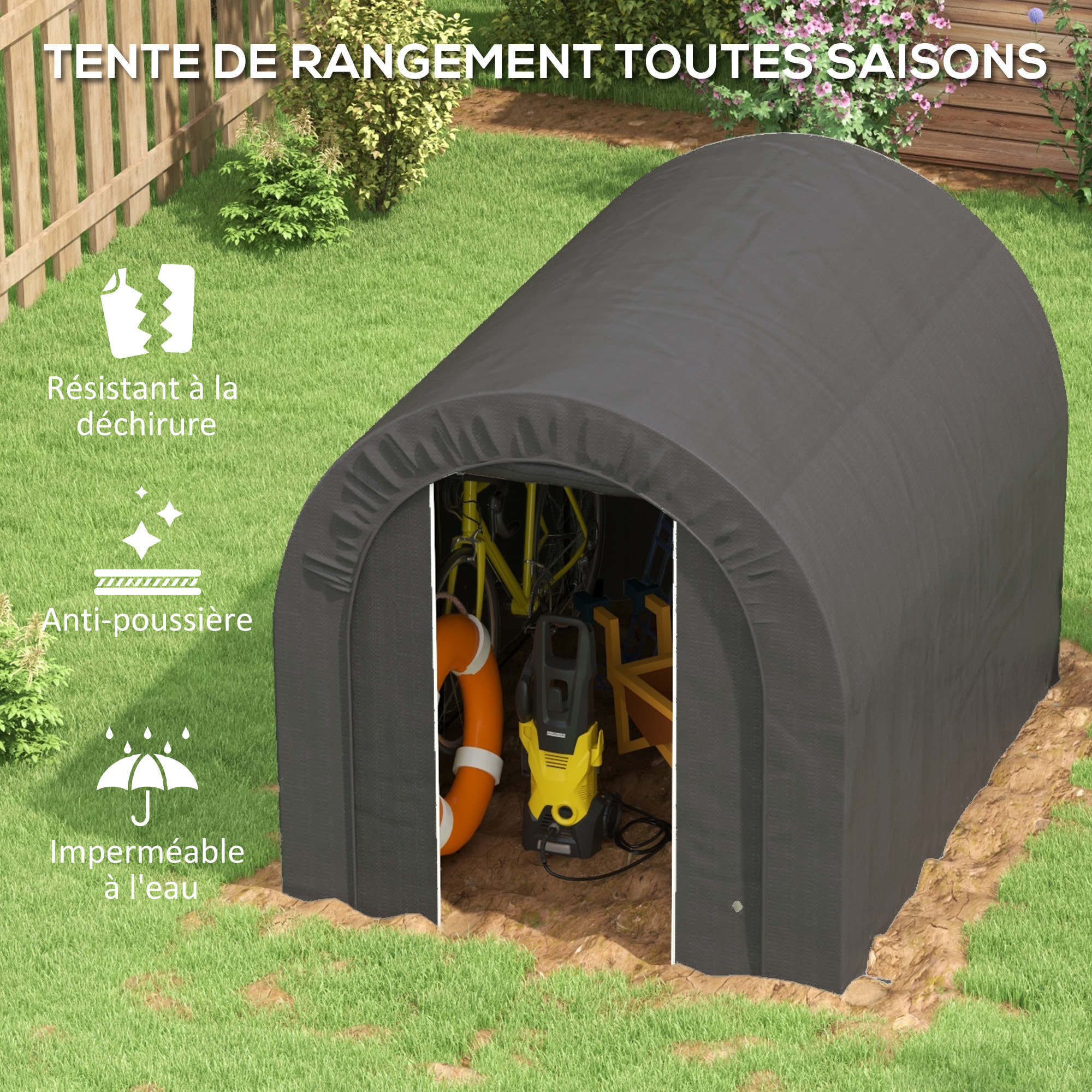 Abri de jardin rangement extérieur dim. 2,4L x 1,8l x 1,9H m - porte zippée - acier galvanisé PE gris
