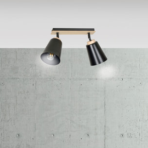 Faretto a soffitto ATLAS in acciaio nero e legno naturale