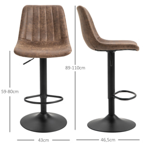 Lot de 2 tabourets de bar style vintage hauteur réglable pivotant repose-pied marron