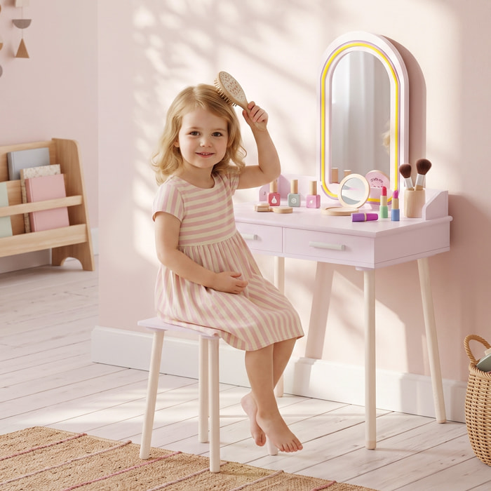 AIYAPLAY Tocador de Maquillaje Niña con Espejo de LED de 3 Colores, Taburete, 2 Cajones, Tocador Infantil para Niños de 3 a 8 Años, para Habitación Infantil, Rosa