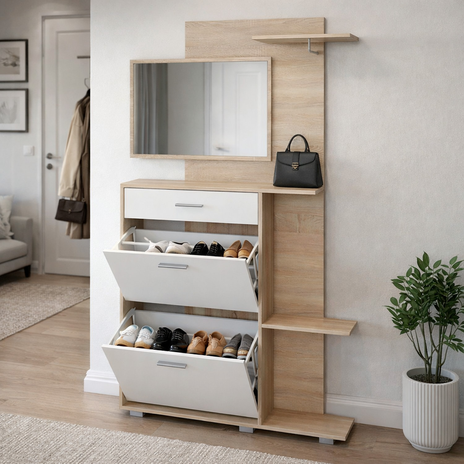 Ingresso Scarpiera Con Specchio 2 Ante A Ribalta Cassetto Appendibiti E Mensola Mobile Salvaspazio Moderno 192 x 120 x 24.5 Cm Colore Rovere E Bianco