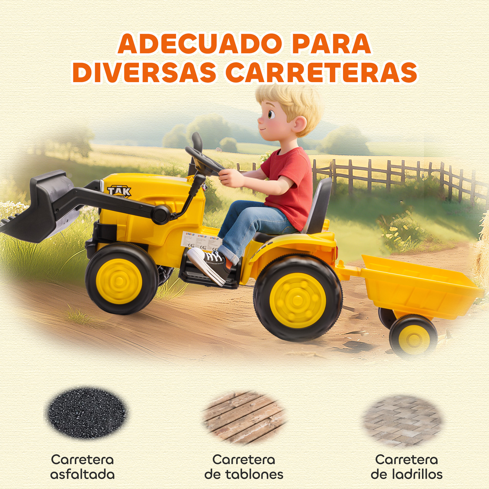 Tractor Eléctrico para Niños con Remolque Desmontable y Pala, Tractor de Juguete de Batería 12V, Motor Doble, Control Remoto 2,4G, Luces, Música, Conexión Inalámbrica, USB para Niños +3 Años