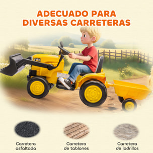 Tractor Eléctrico para Niños con Remolque Desmontable y Pala, Tractor de Juguete de Batería 12V, Motor Doble, Control Remoto 2,4G, Luces, Música, Conexión Inalámbrica, USB para Niños +3 Años