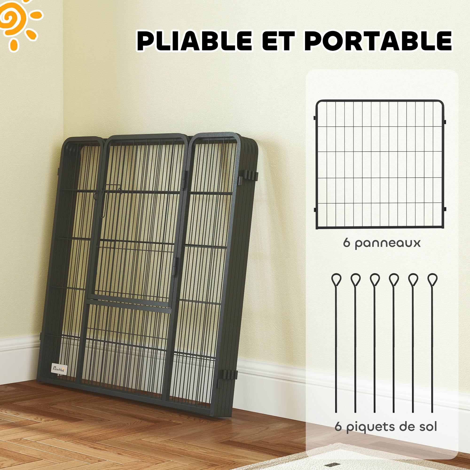 Parc enclos chien modulable pliable 6 panneaux H.80cm porte verrouillable acier époxy noir