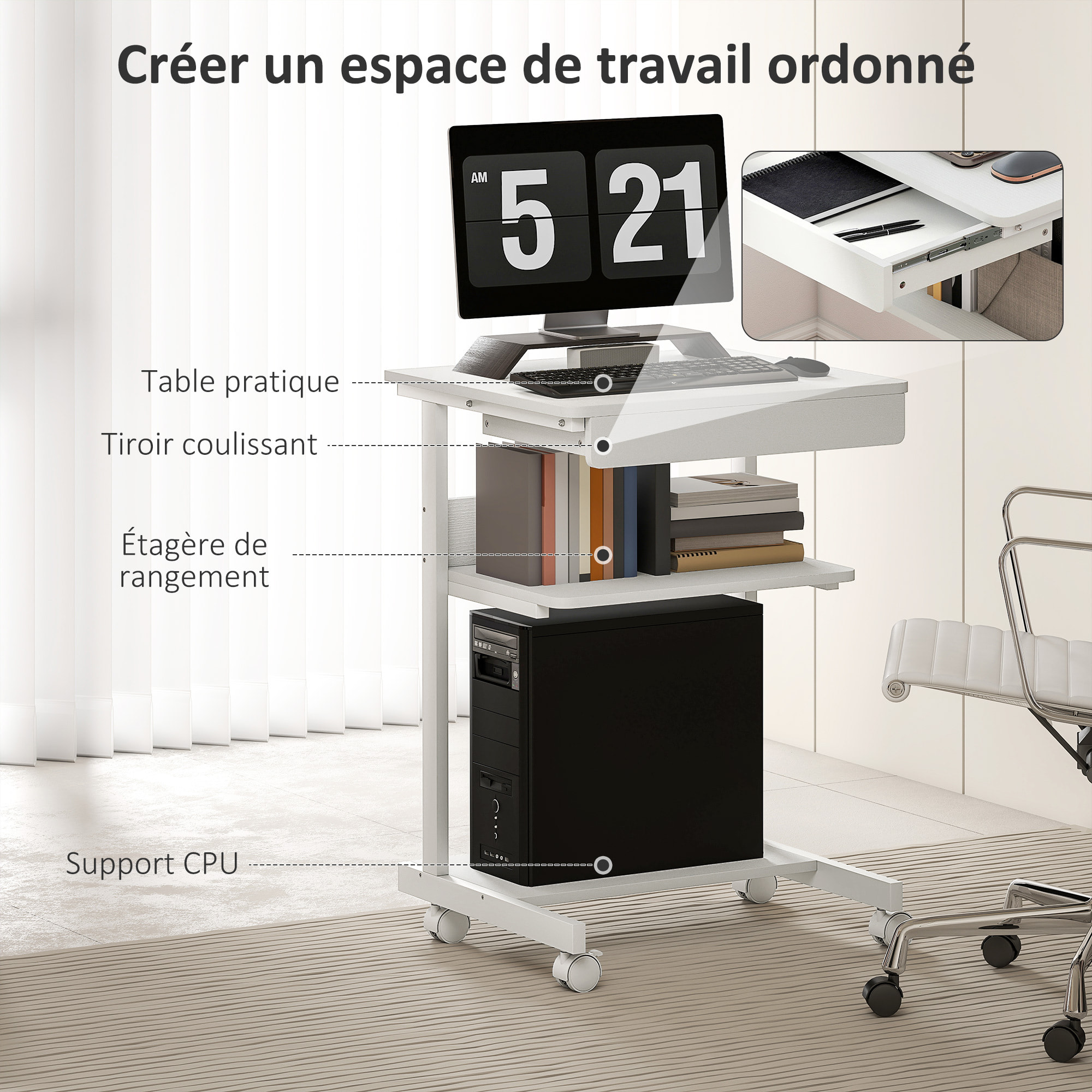 Bureau informatique roulant - bureau mobile - table d'ordinateur - tiroir coulissant 2 étagères - blanc naturel