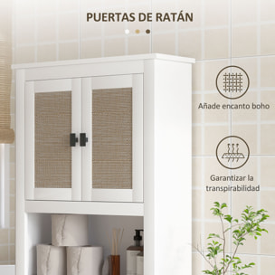 Mueble sobre Inodoro Estrecho Armario sobre Inodoro con 2 Puertas con Frontal de Ratán Compartimento y Estante Ajustable Mueble de Baño 60x19,5x160 cm Blanco