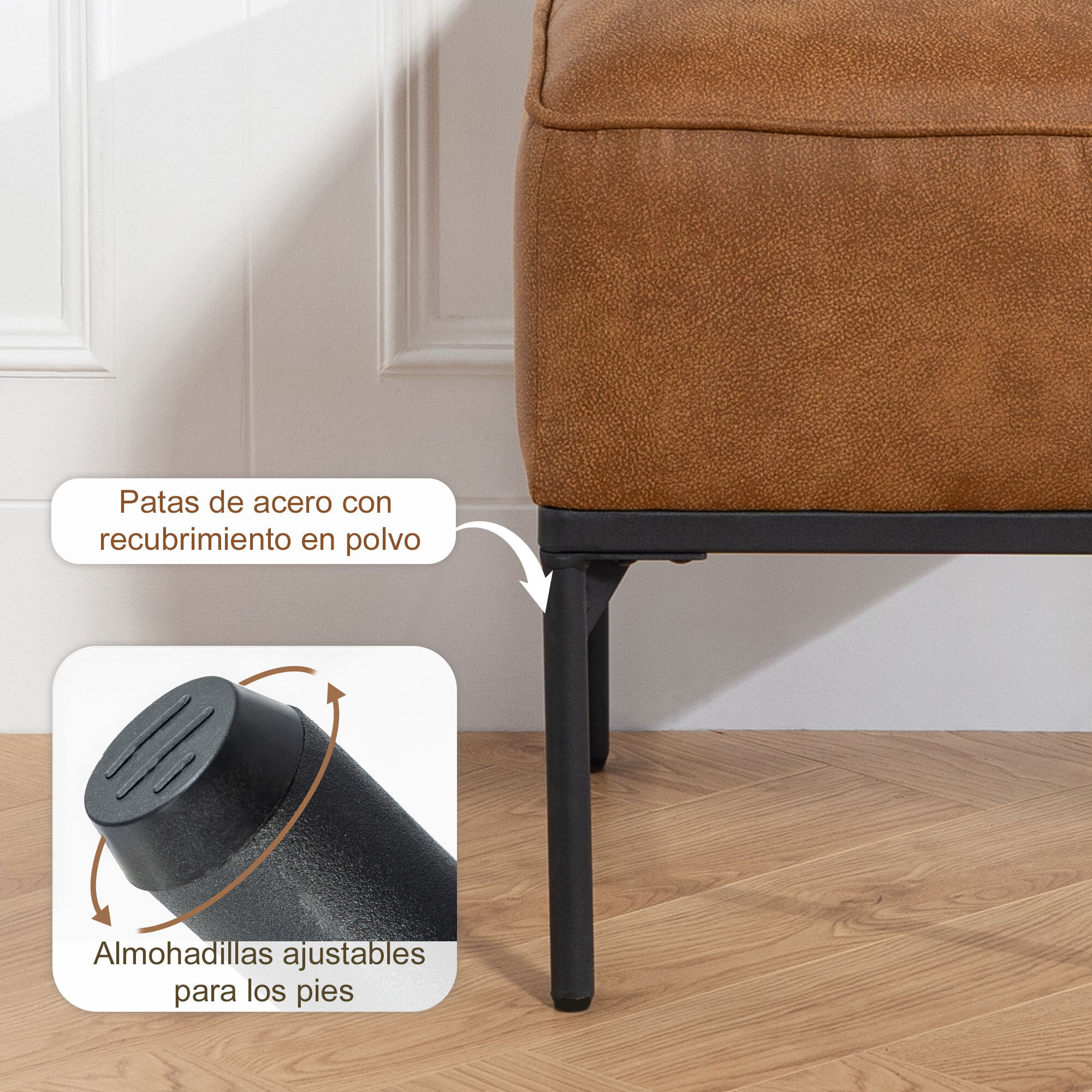 Reposapiés Salón, Taburete Bajo Tapizado en PU con Patas de Acero, Acolchado Grueso, Estilo Moderno, Otomana para Dormitorio, Sofá, Marrón