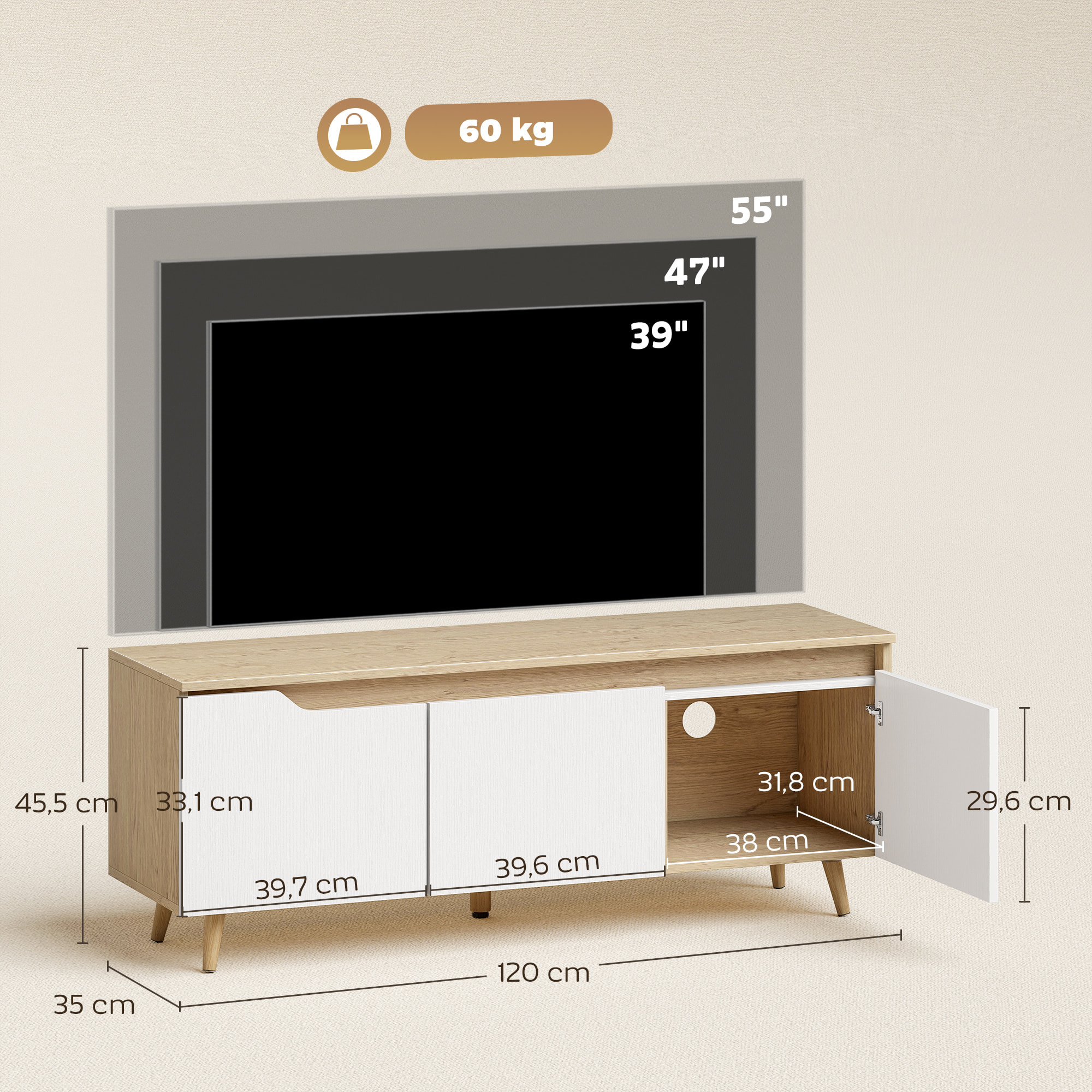 Mueble de TV, Mesa de TV para Salón, con 3 Puertas, para Televisión de 55 Pulgadas, Estilo Moderno, 120x35x45,5 cm, Roble y Blanco