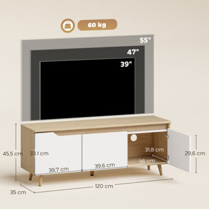 Mueble de TV, Mesa de TV para Salón, con 3 Puertas, para Televisión de 55 Pulgadas, Estilo Moderno, 120x35x45,5 cm, Roble y Blanco